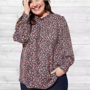 Ann Taylor‎ Loft Women's Black Floral Tie Back Long Sleeve Blouse Size 18